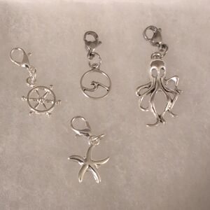 Silver Nautical Charm Set — Octopus, Starfish, Ship Wheel, Wave